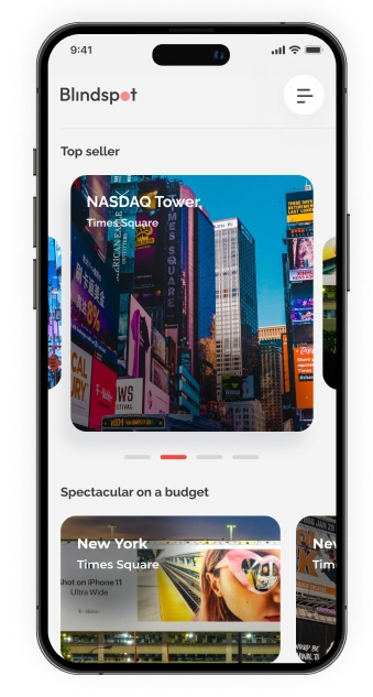 cell-phone-blindspot-platform Blindspot mobile app interface displaying billboard options, featuring NASDAQ Tower in Times Square as the top seller