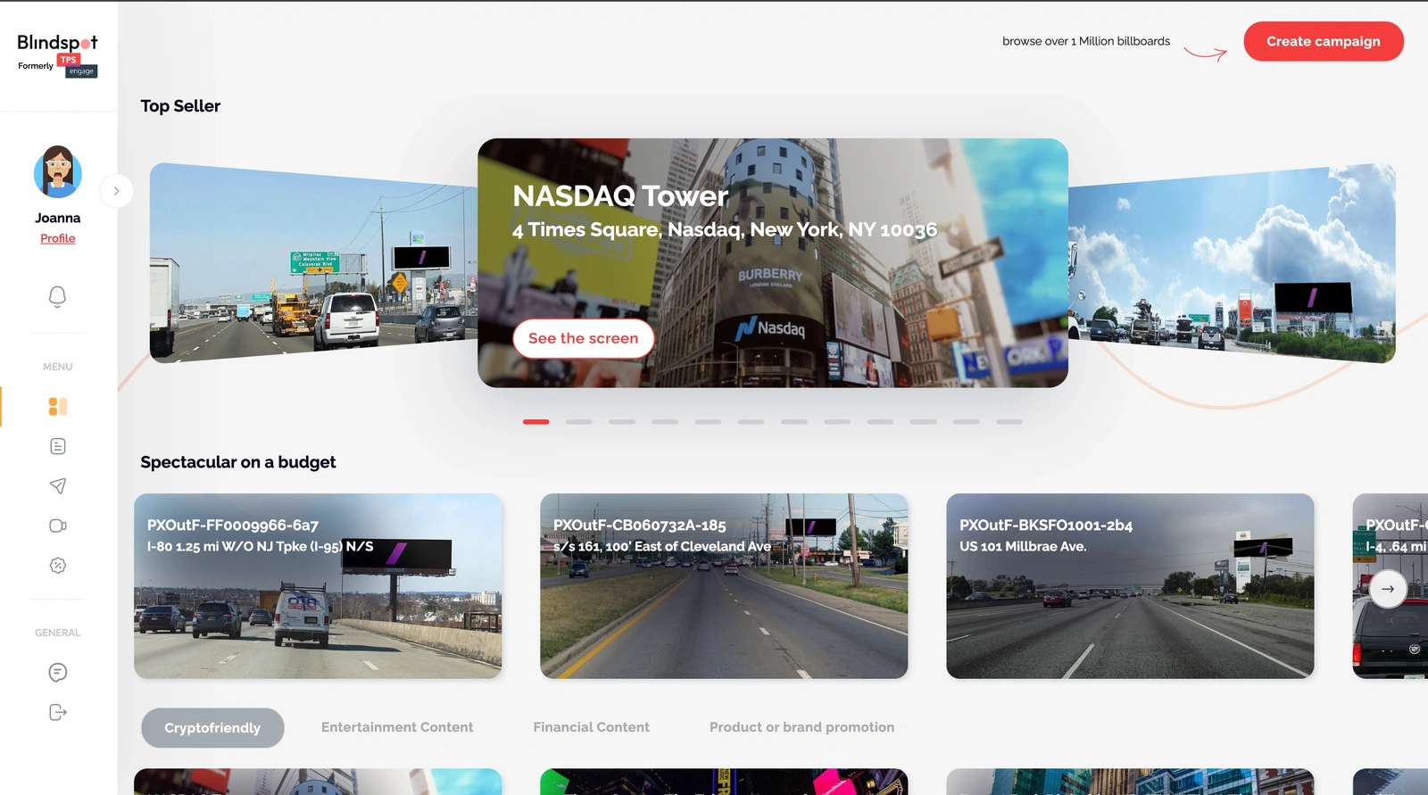 digital-billboard-platform Digital billboard platform interface displaying options for billboard locations, including NASDAQ Tower in Times Square.